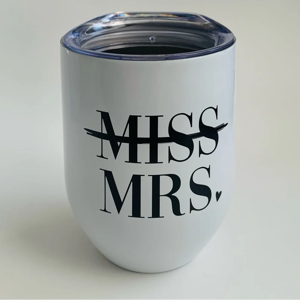 Stemless Wine Tumbler Miss Mrs. 12oz White NWT